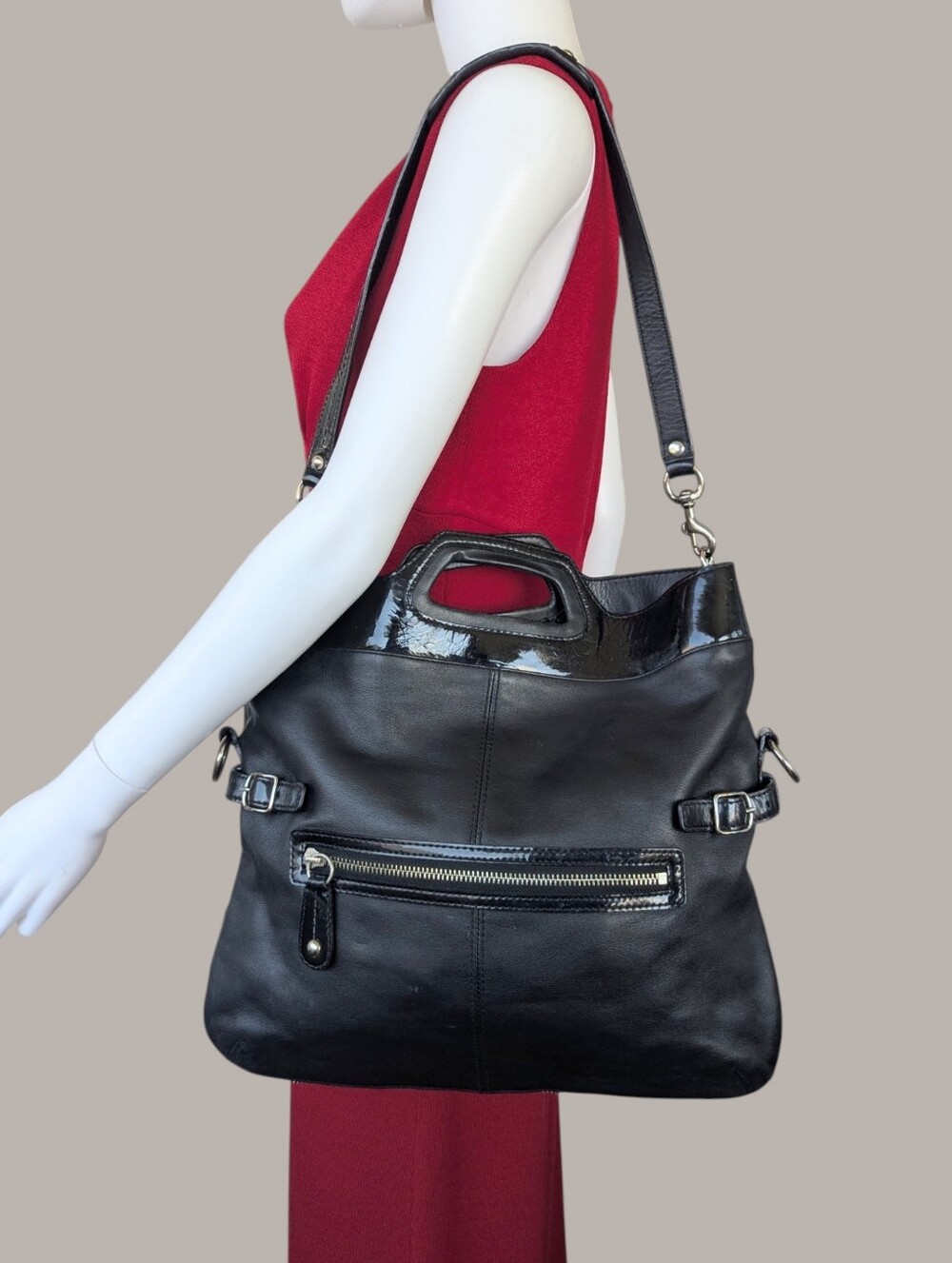 Coach Black Leather Shoulder Tote with Gloss Trim